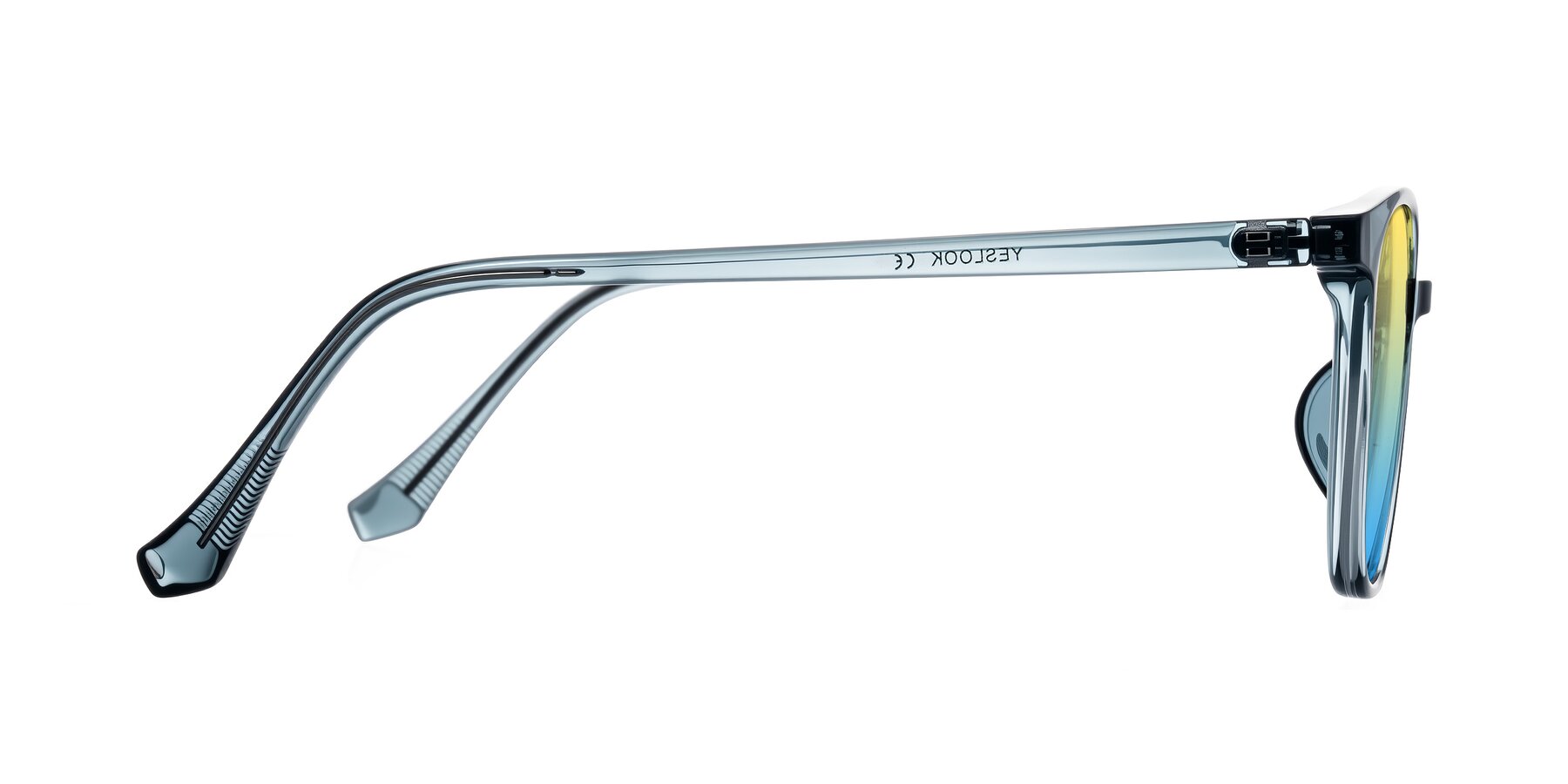 Side of Noor in Transparent Blue with Yellow / Blue Gradient Lenses