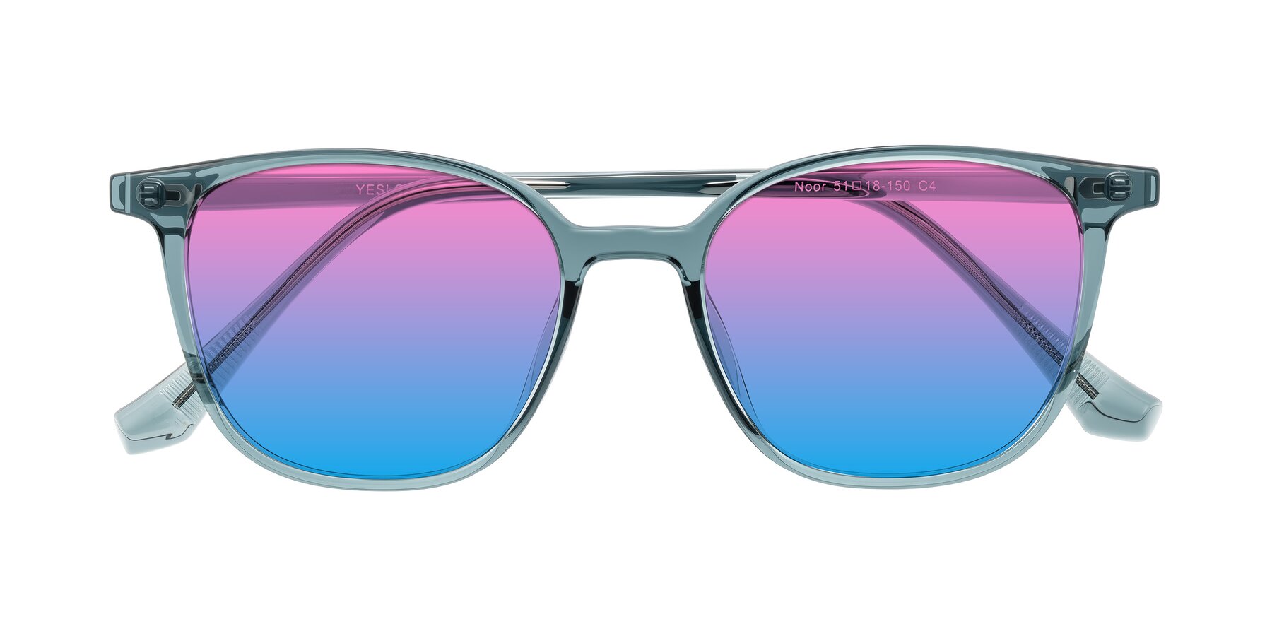 Folded Front of Noor in Transparent Blue with Pink / Blue Gradient Lenses