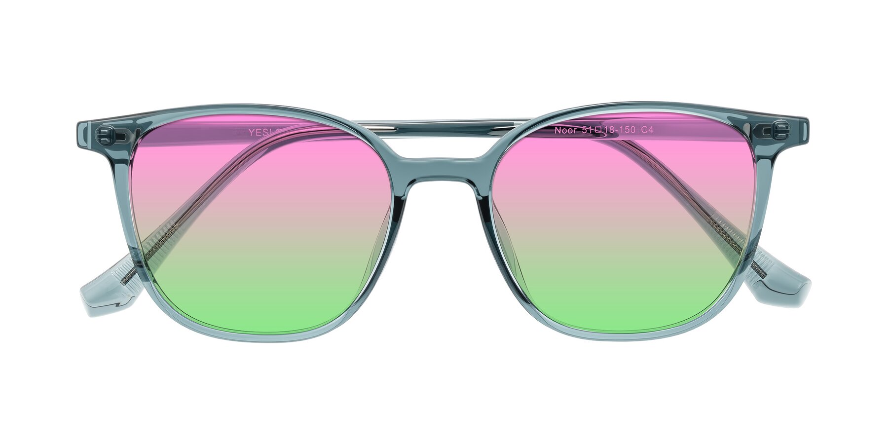 Folded Front of Noor in Transparent Blue with Pink / Green Gradient Lenses