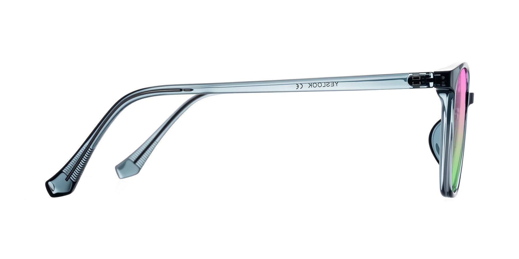 Side of Noor in Transparent Blue with Pink / Green Gradient Lenses