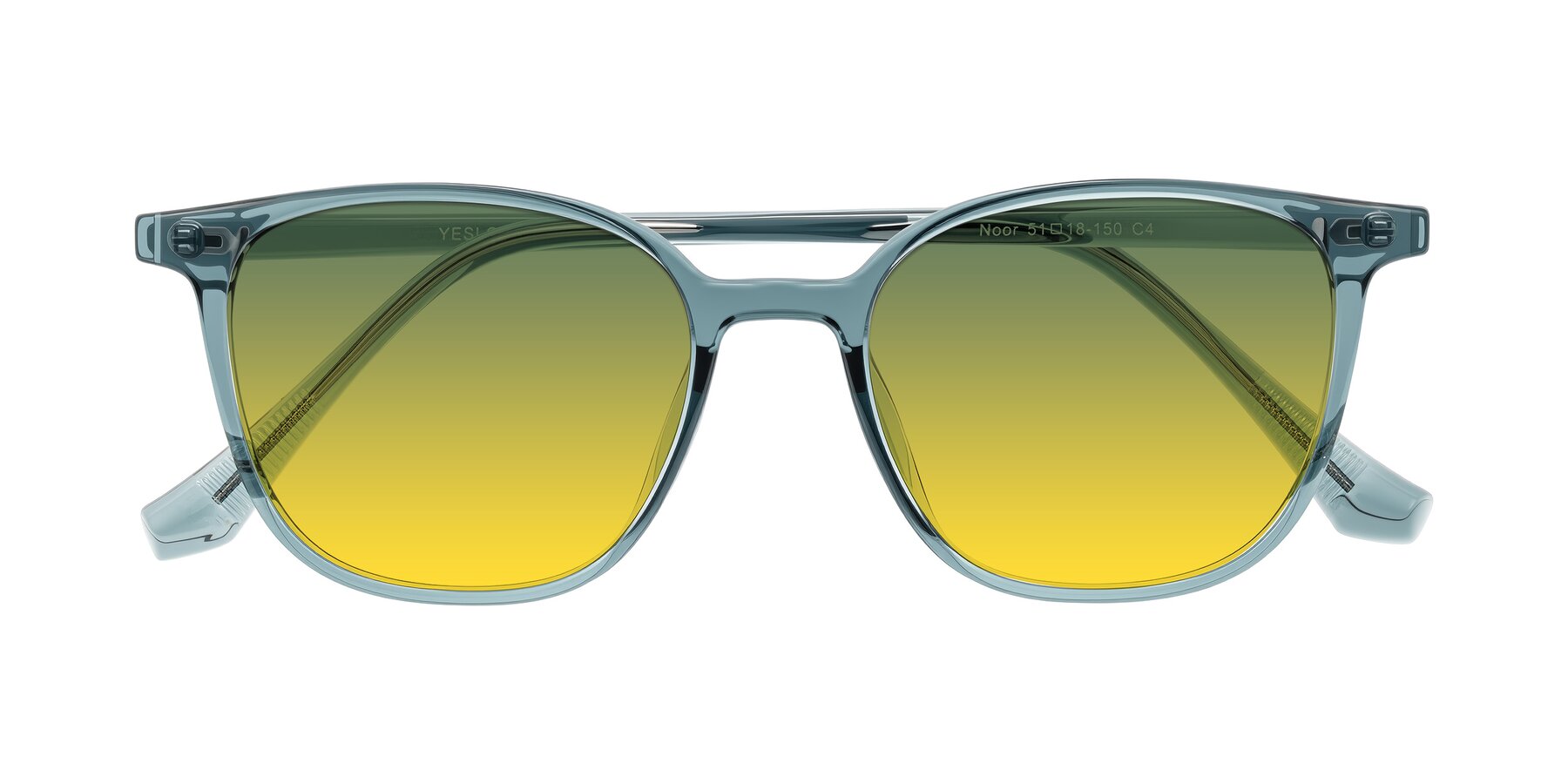 Folded Front of Noor in Transparent Blue with Green / Yellow Gradient Lenses