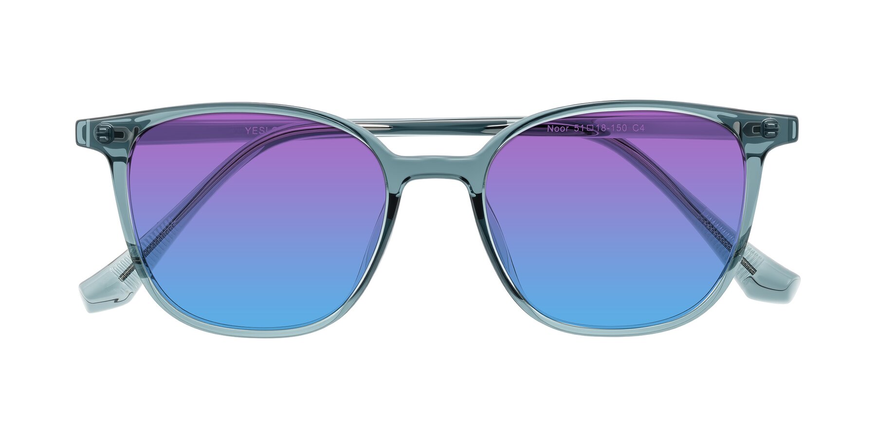 Folded Front of Noor in Transparent Blue with Purple / Blue Gradient Lenses