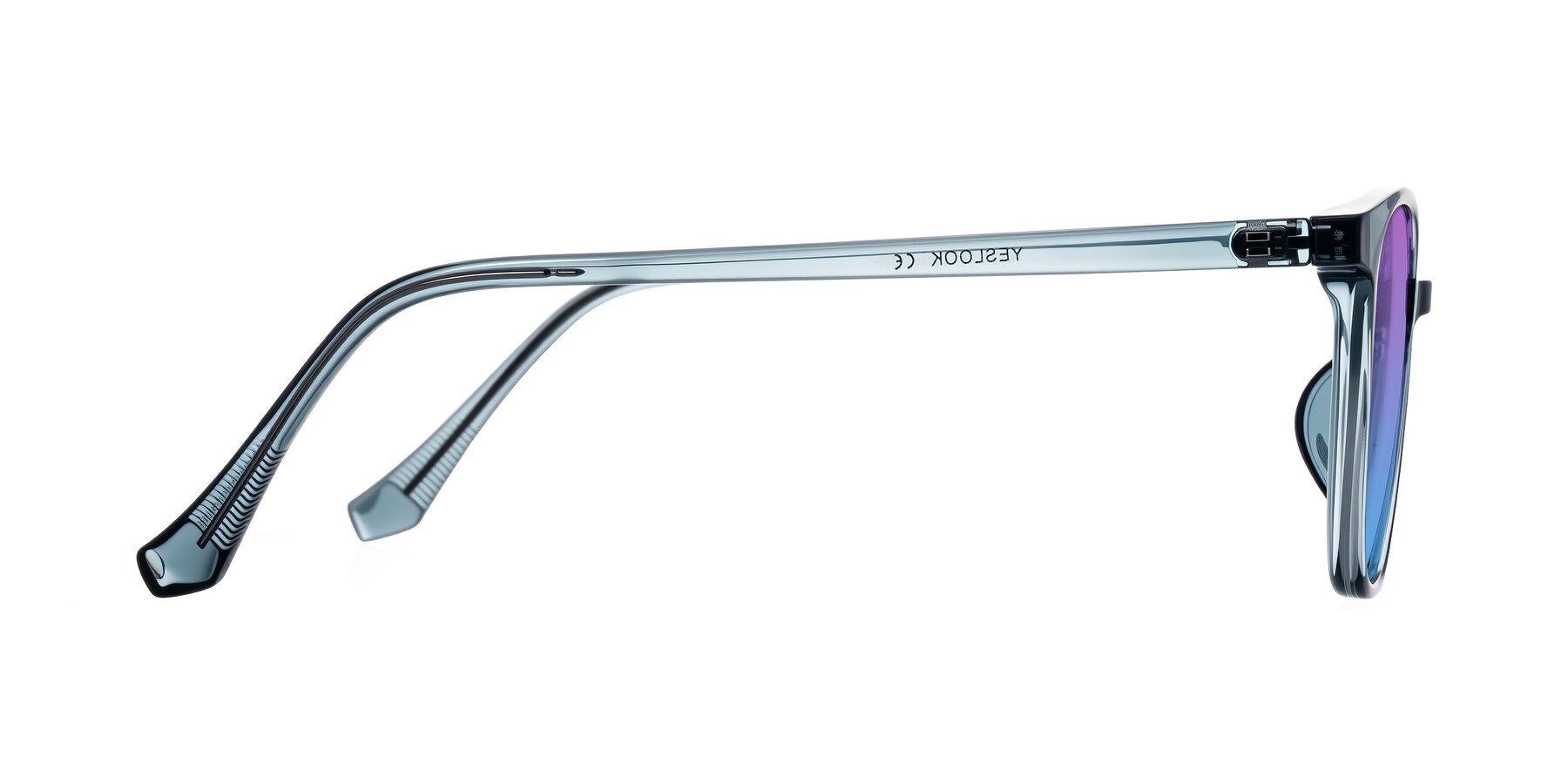 Side of Noor in Transparent Blue with Purple / Blue Gradient Lenses