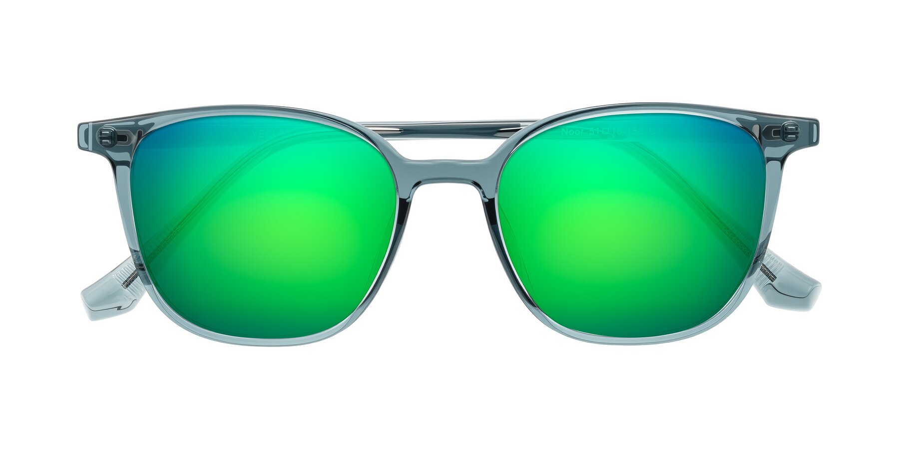 Folded Front of Noor in Transparent Blue with Green Mirrored Lenses