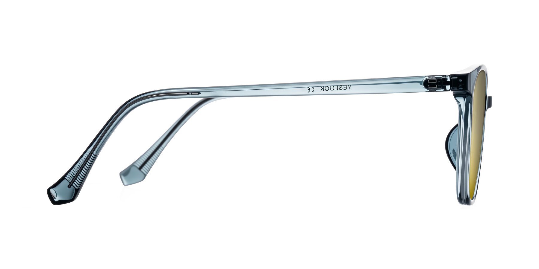 Side of Noor in Transparent Blue with Gold Mirrored Lenses