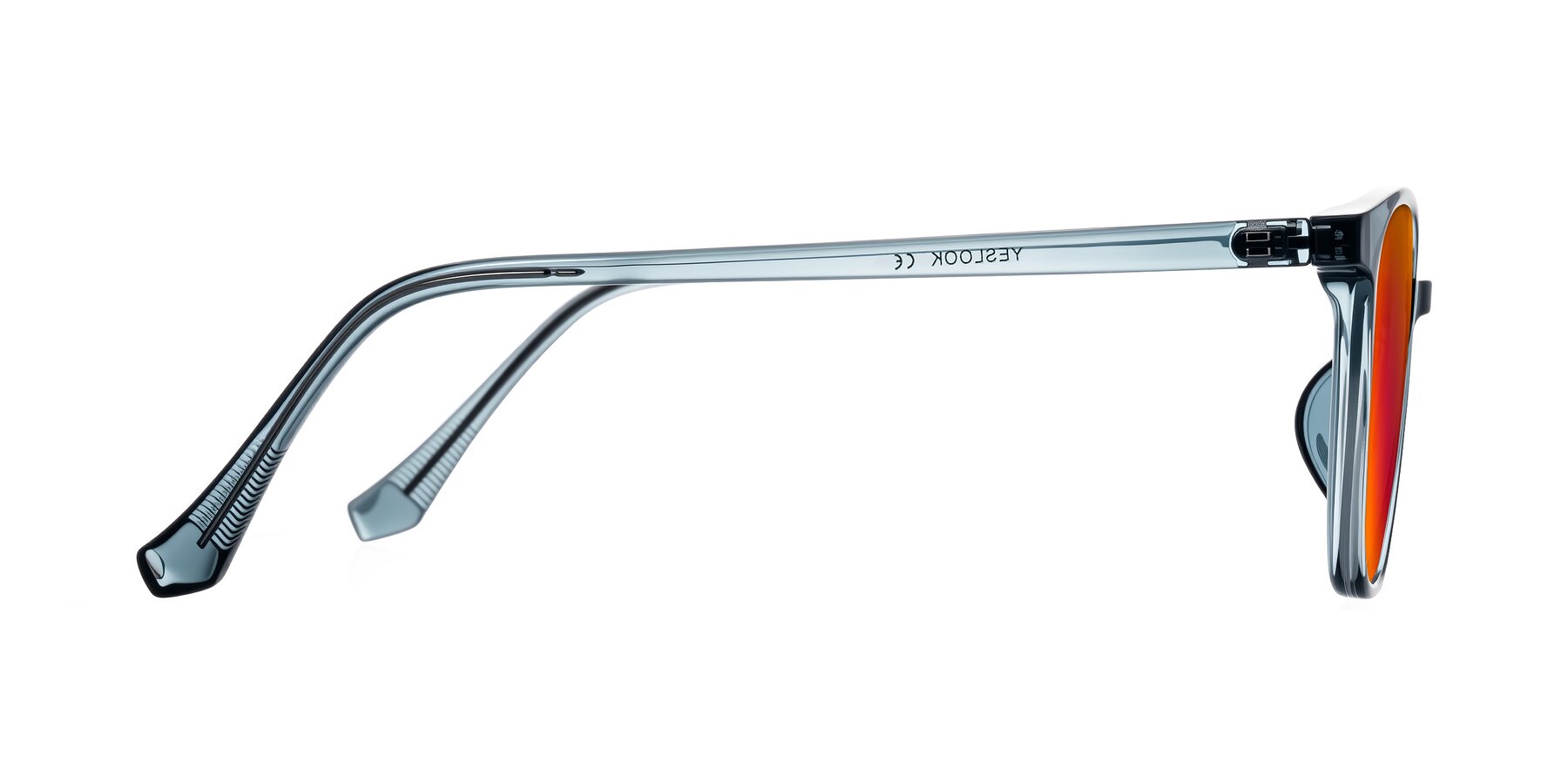 Side of Noor in Transparent Blue with Red Gold Mirrored Lenses