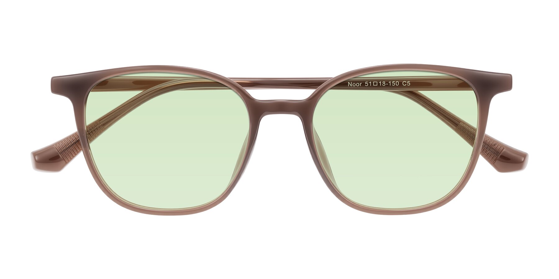 Folded Front of Noor in Coffee with Light Green Tinted Lenses