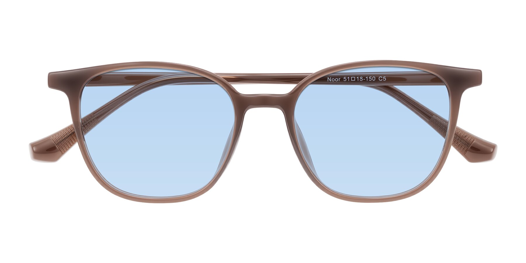 Folded Front of Noor in Coffee with Light Blue Tinted Lenses