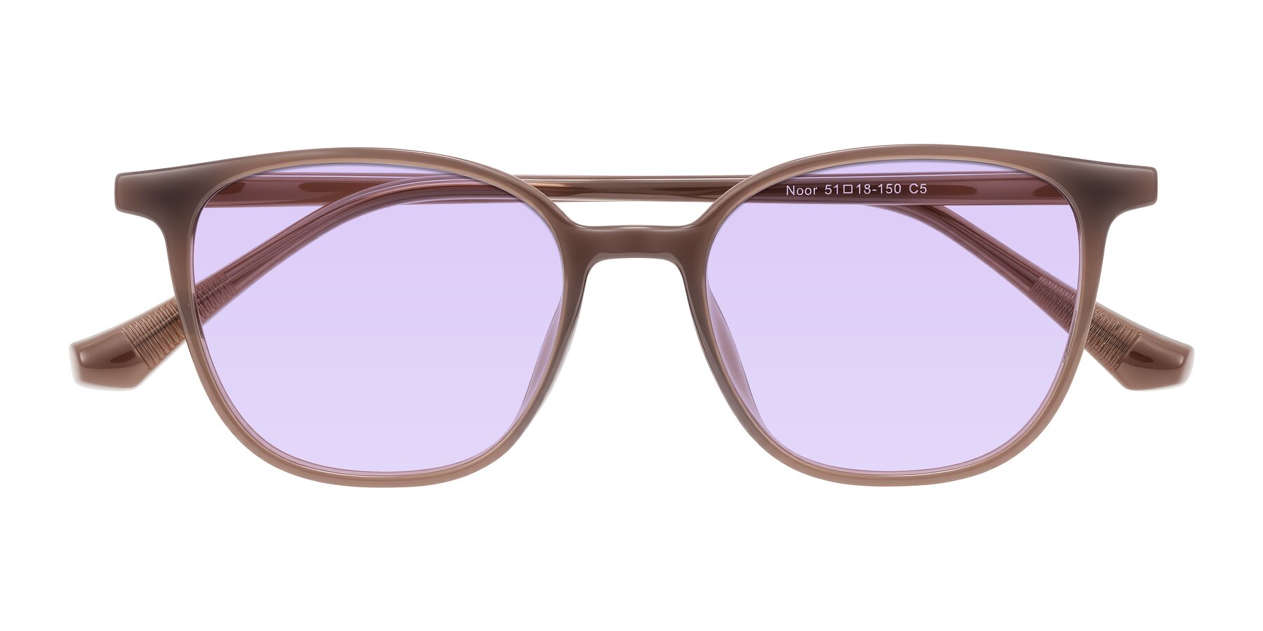 Folded Front of Noor in Coffee with Light Purple Tinted Lenses