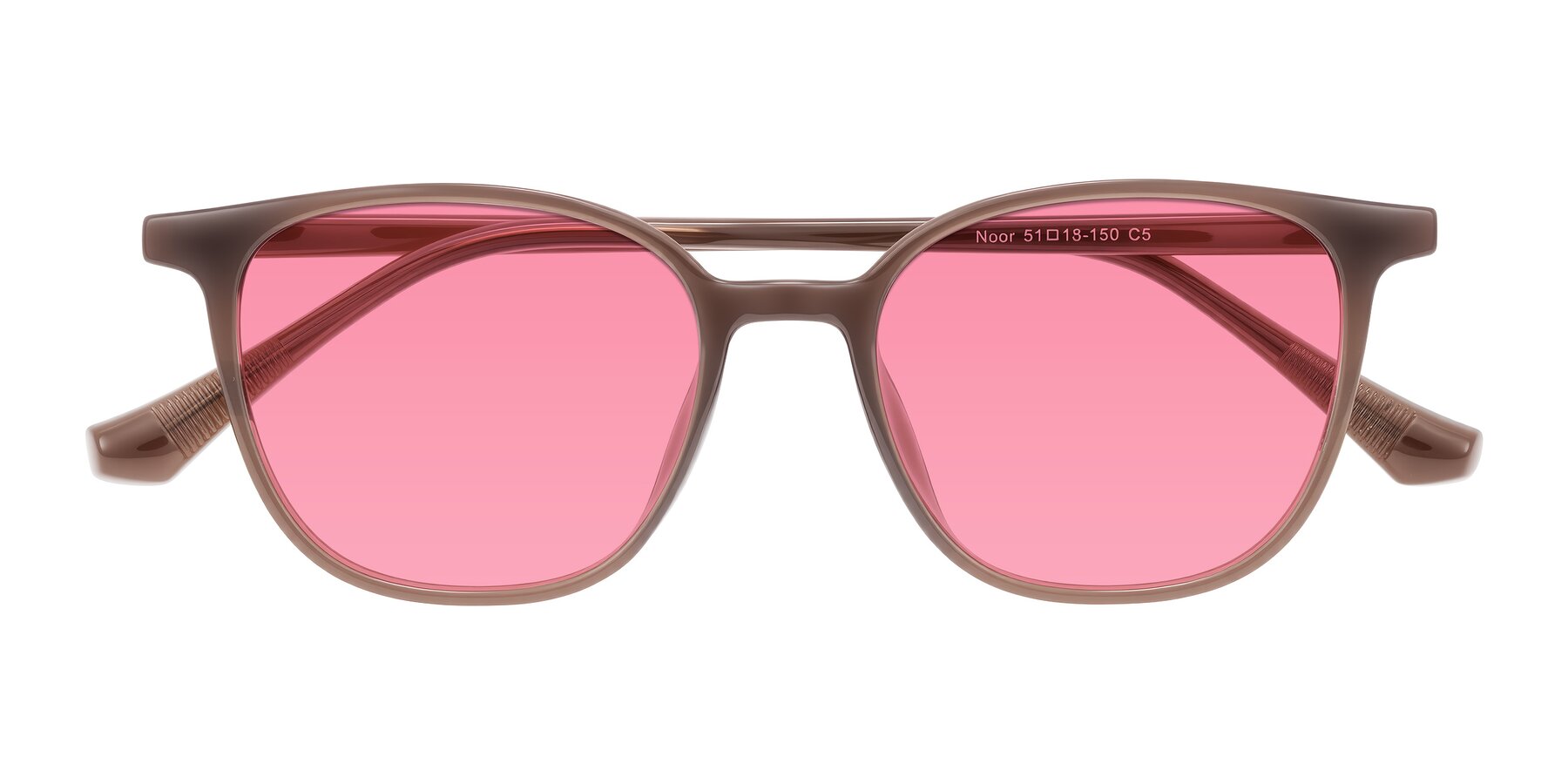 Folded Front of Noor in Coffee with Pink Tinted Lenses