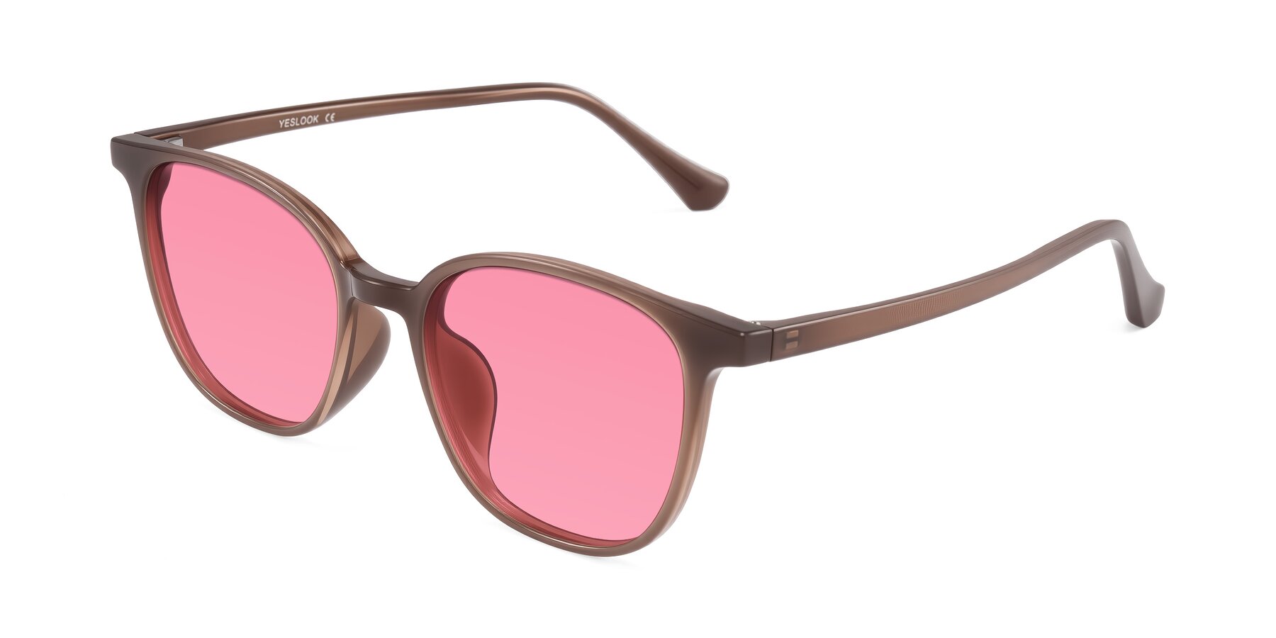 Angle of Noor in Coffee with Pink Tinted Lenses