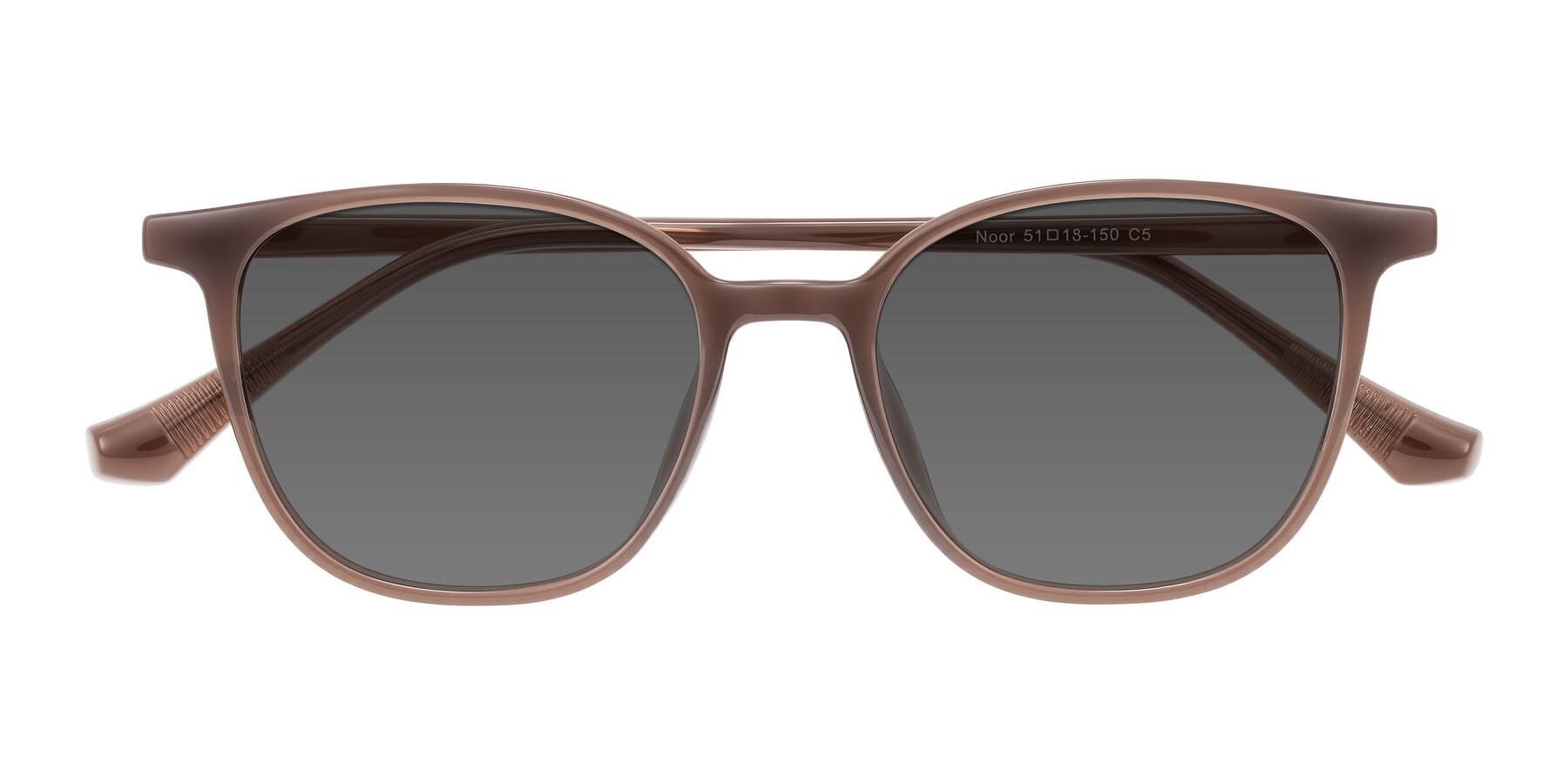 Folded Front of Noor in Coffee with Medium Gray Tinted Lenses