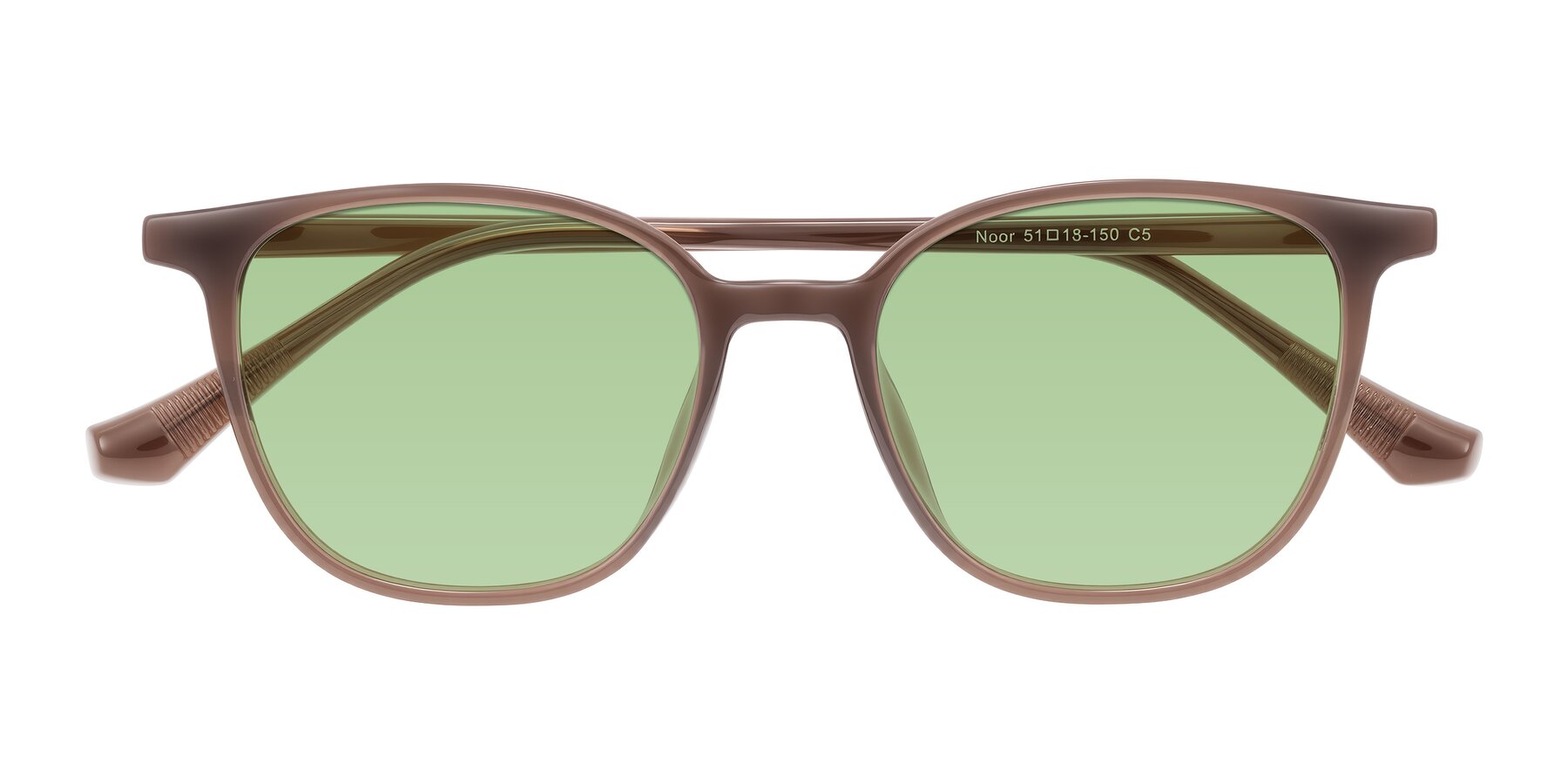 Folded Front of Noor in Coffee with Medium Green Tinted Lenses