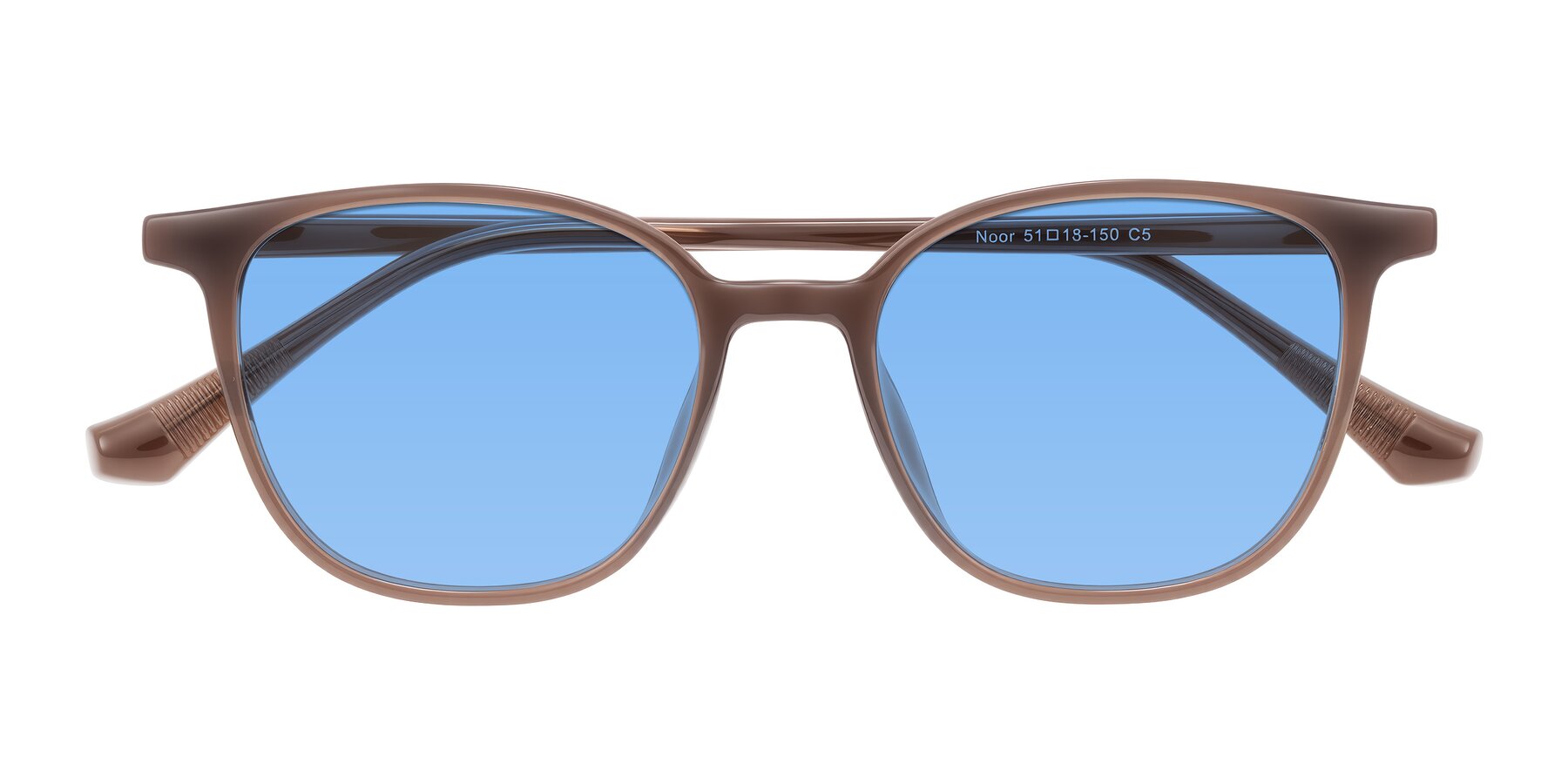 Folded Front of Noor in Coffee with Medium Blue Tinted Lenses
