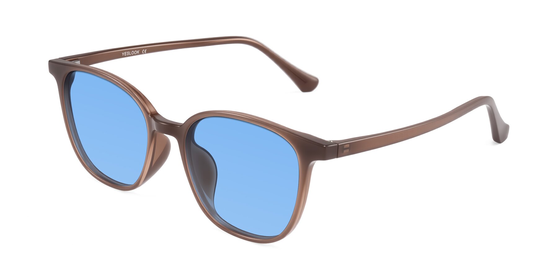 Angle of Noor in Coffee with Medium Blue Tinted Lenses