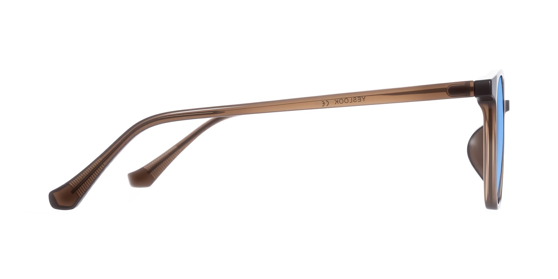 Side of Noor in Coffee with Medium Blue Tinted Lenses