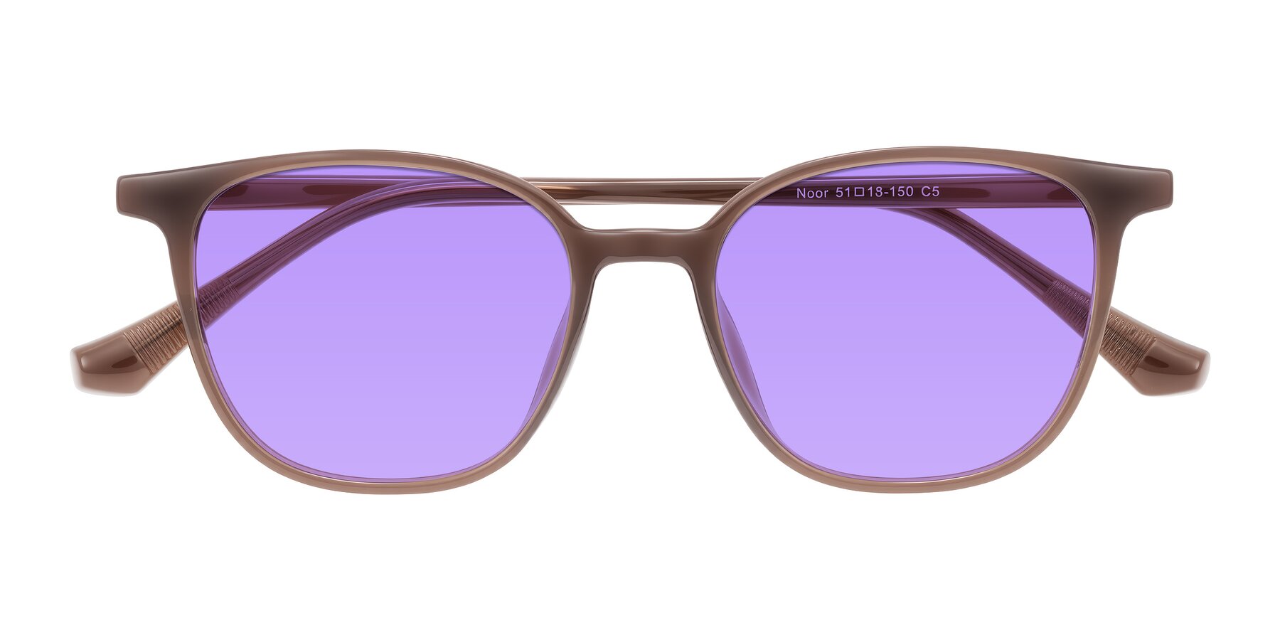 Folded Front of Noor in Coffee with Medium Purple Tinted Lenses