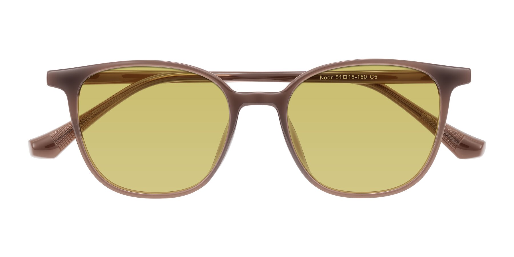 Folded Front of Noor in Coffee with Medium Champagne Tinted Lenses