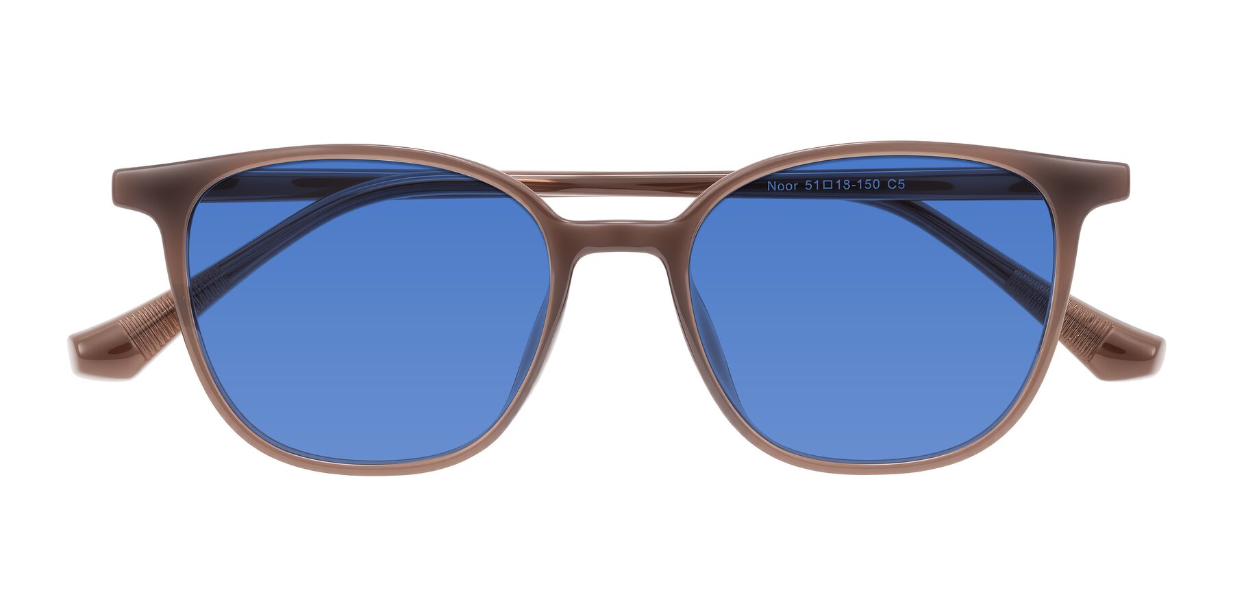 Folded Front of Noor in Coffee with Blue Tinted Lenses