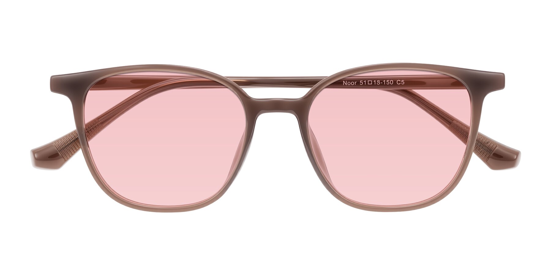 Folded Front of Noor in Coffee with Light Garnet Tinted Lenses