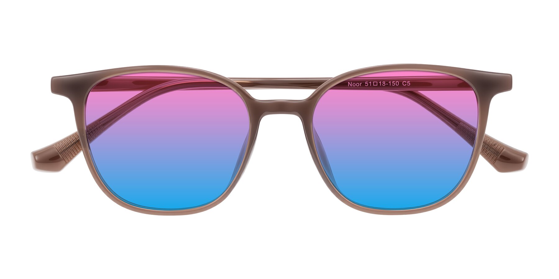 Folded Front of Noor in Coffee with Pink / Blue Gradient Lenses