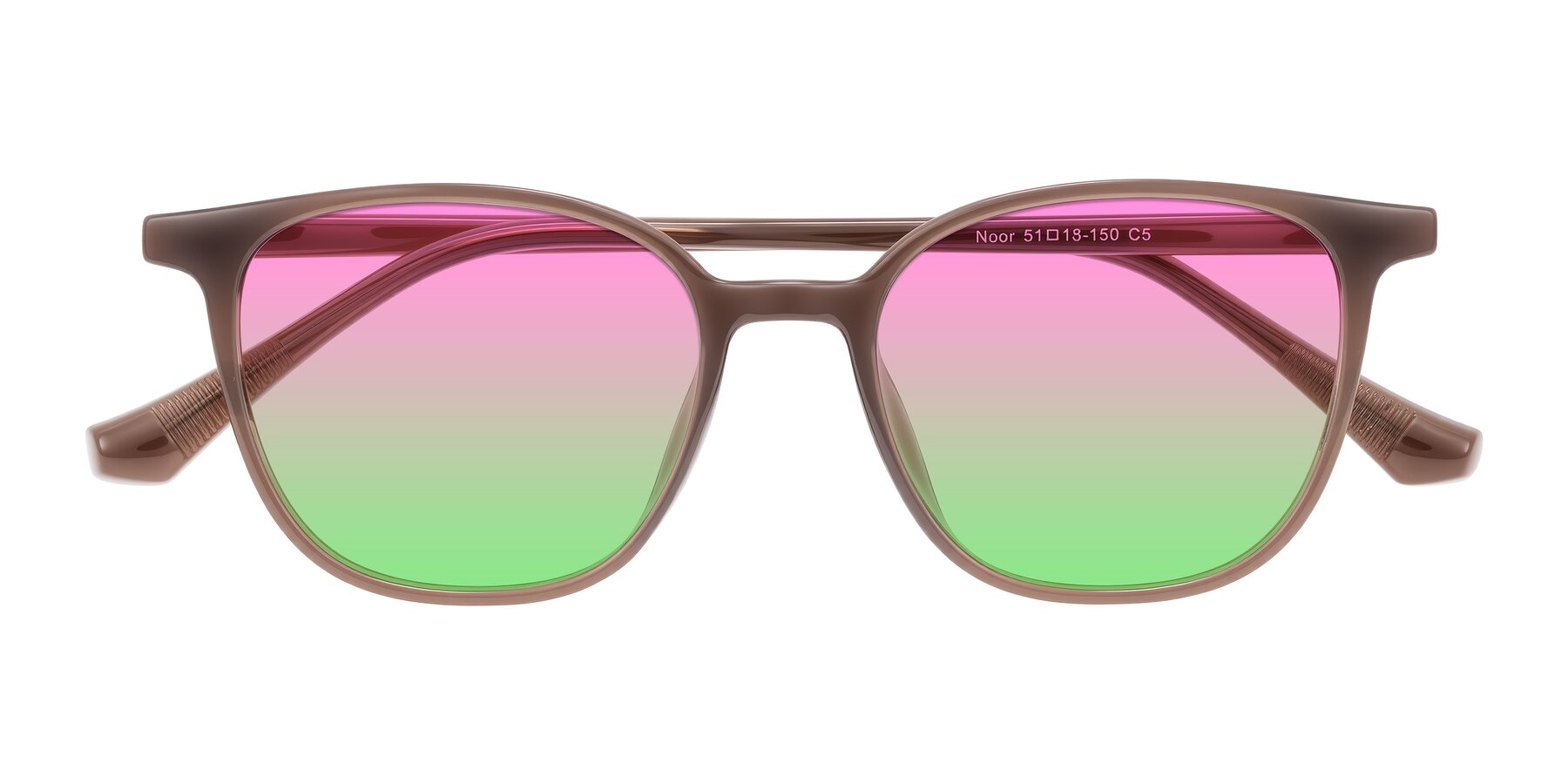 Folded Front of Noor in Coffee with Pink / Green Gradient Lenses