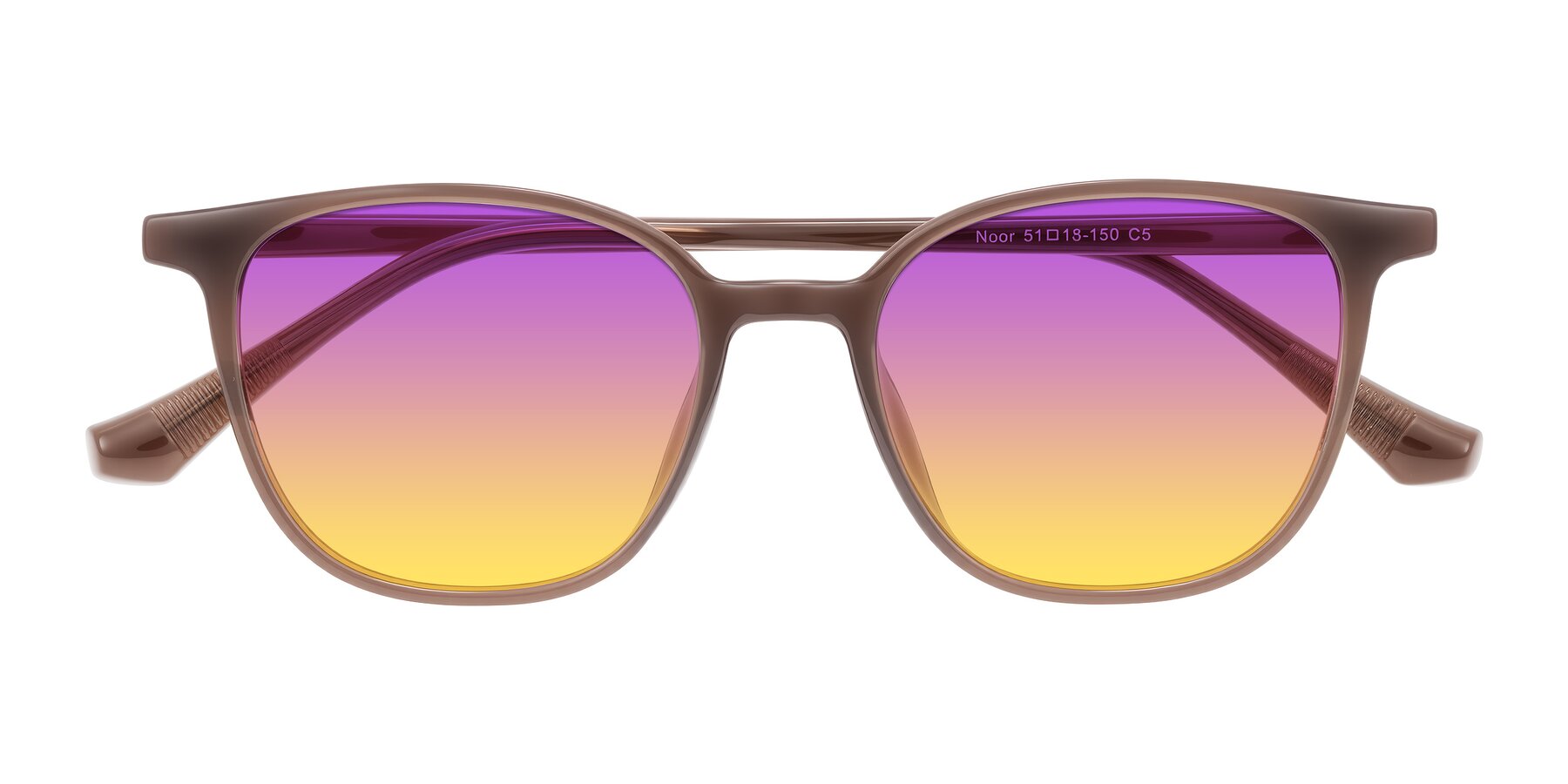 Folded Front of Noor in Coffee with Purple / Yellow Gradient Lenses