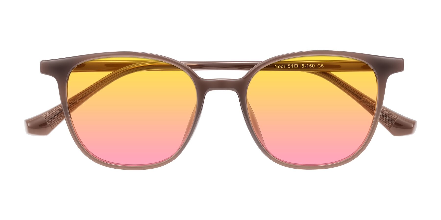 Folded Front of Noor in Coffee with Yellow / Pink Gradient Lenses