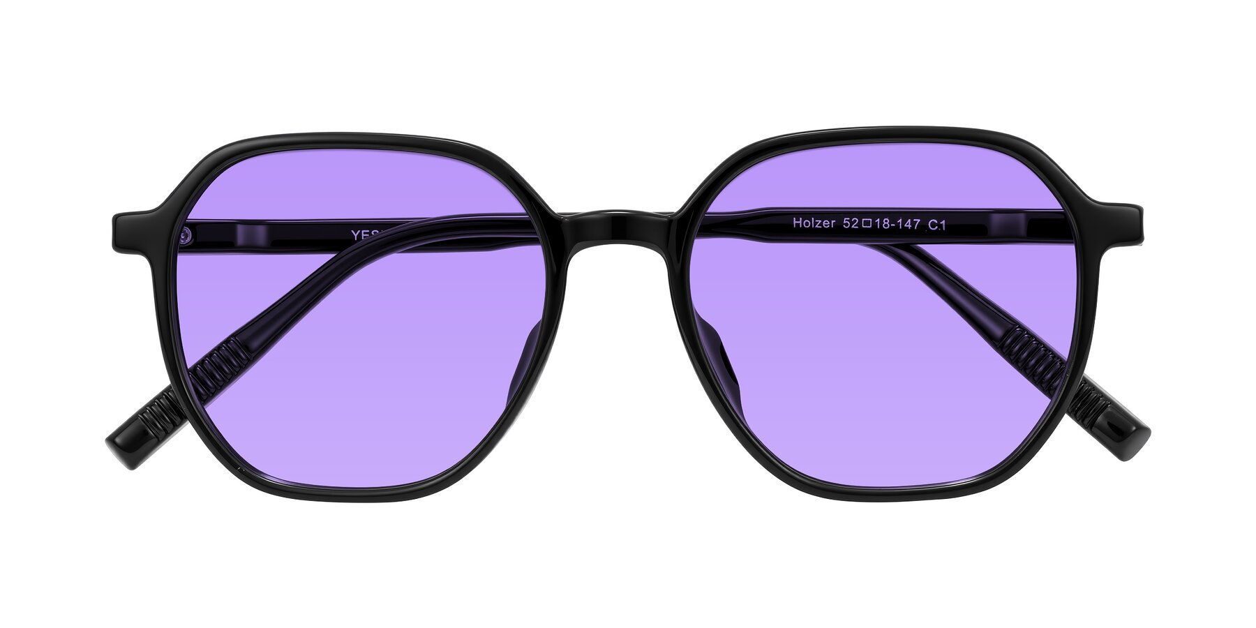 Folded Front of Holzer in Black with Medium Purple Tinted Lenses