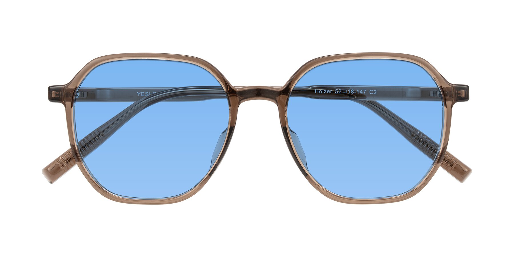 Folded Front of Holzer in Coffee with Medium Blue Tinted Lenses