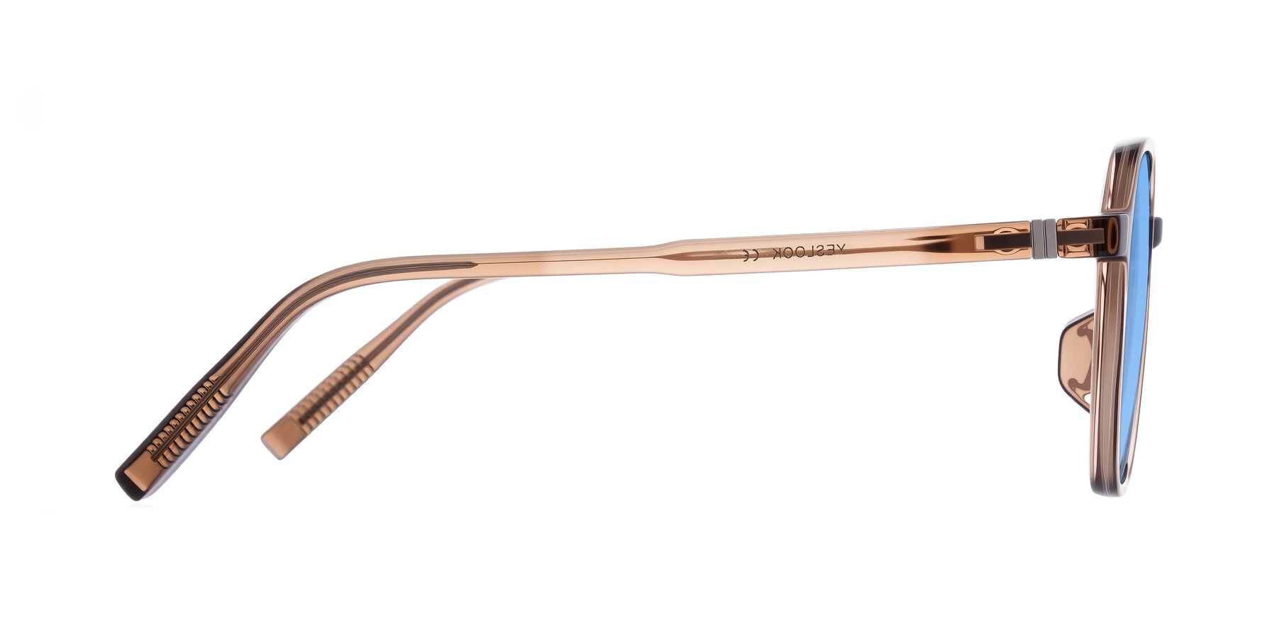 Side of Holzer in Coffee with Medium Blue Tinted Lenses