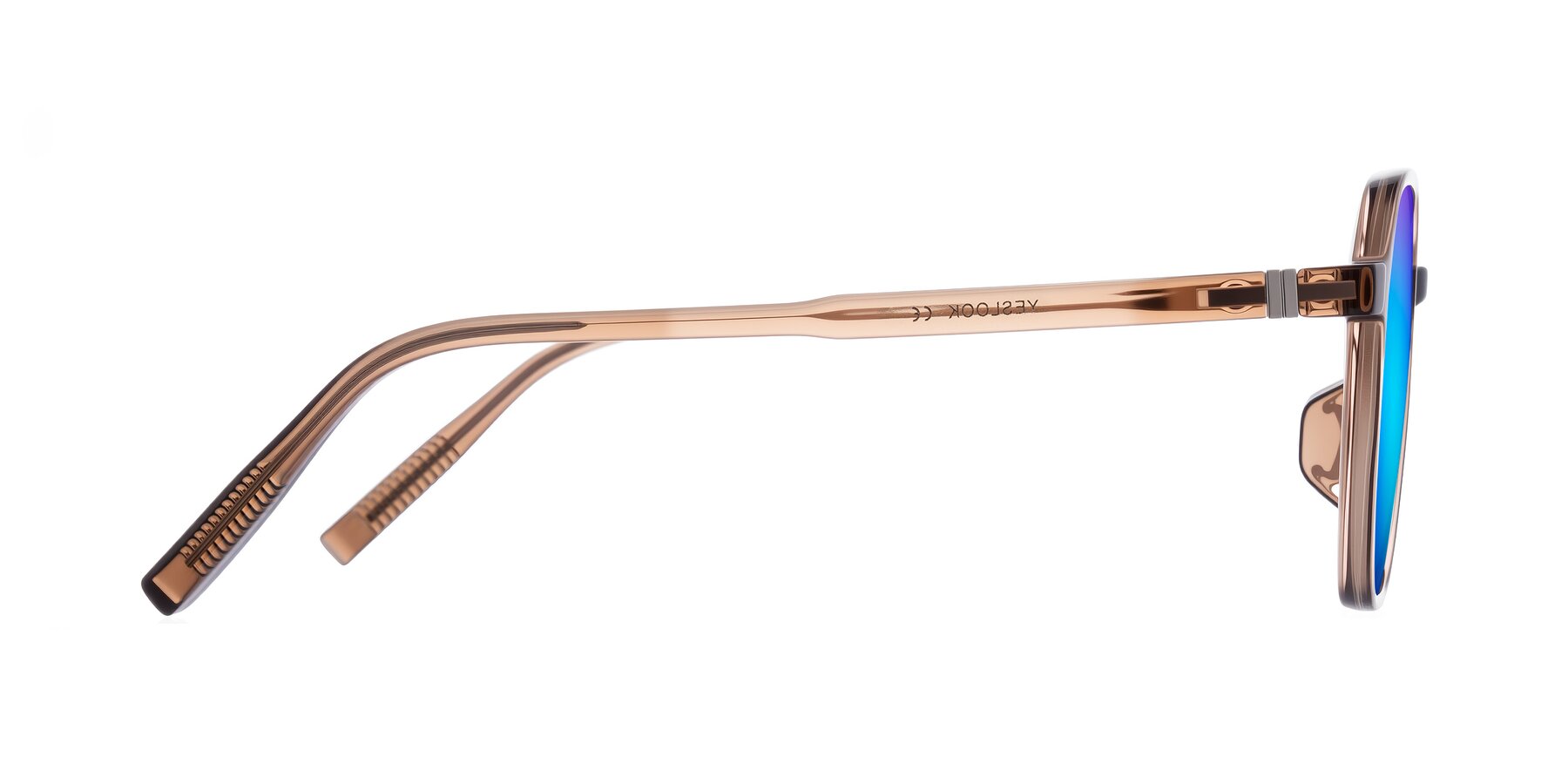 Side of Holzer in Coffee with Blue Mirrored Lenses