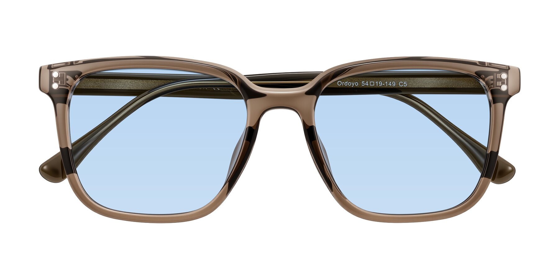Folded Front of Ordoyo in Transparent Brown with Light Blue Tinted Lenses