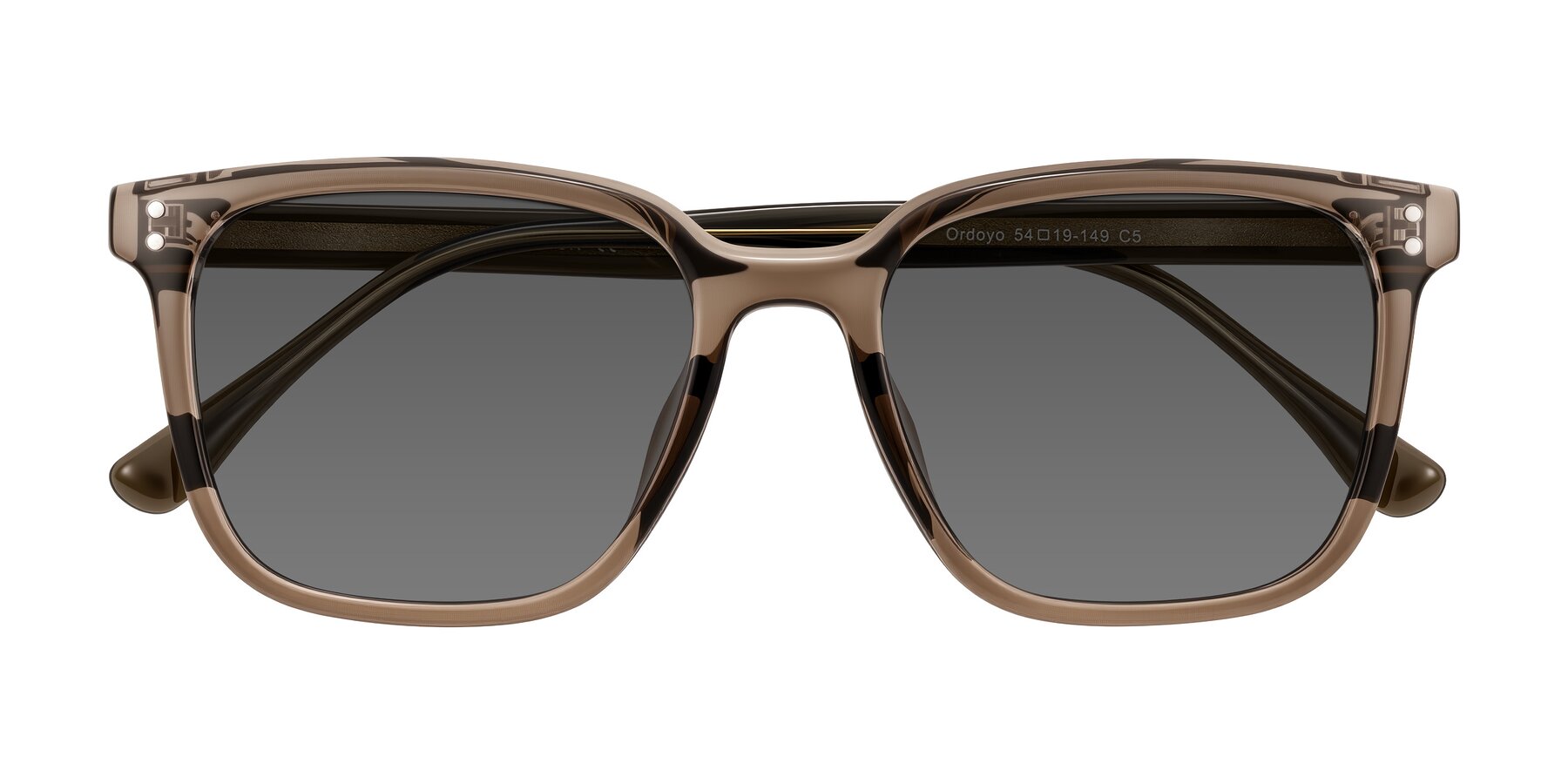 Folded Front of Ordoyo in Transparent Brown with Medium Gray Tinted Lenses