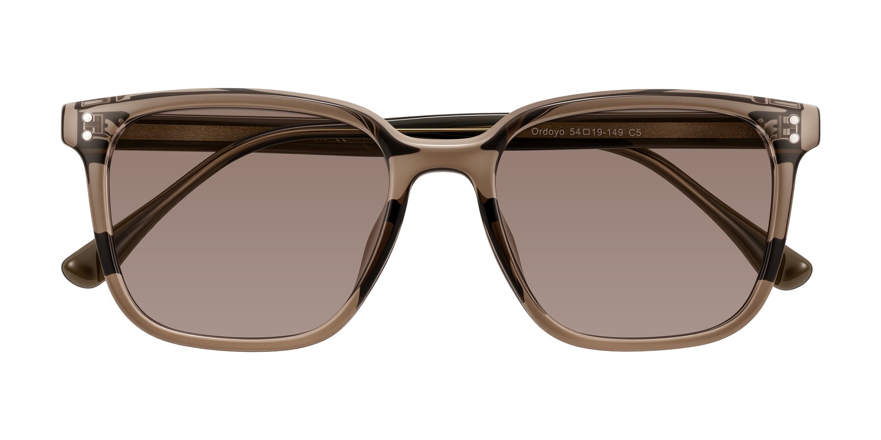 Folded Front of Ordoyo in Transparent Brown with Medium Brown Tinted Lenses