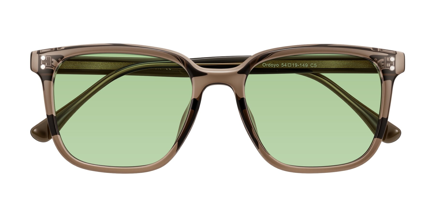 Folded Front of Ordoyo in Transparent Brown with Medium Green Tinted Lenses