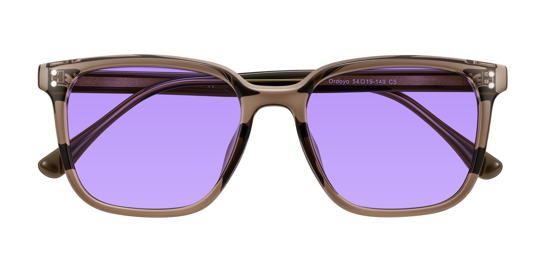 Folded Front of Ordoyo in Transparent Brown with Medium Purple Tinted Lenses