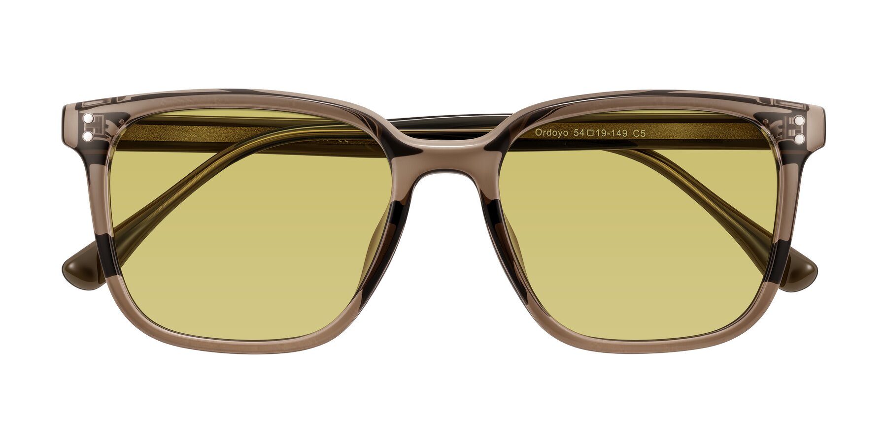 Folded Front of Ordoyo in Transparent Brown with Medium Champagne Tinted Lenses