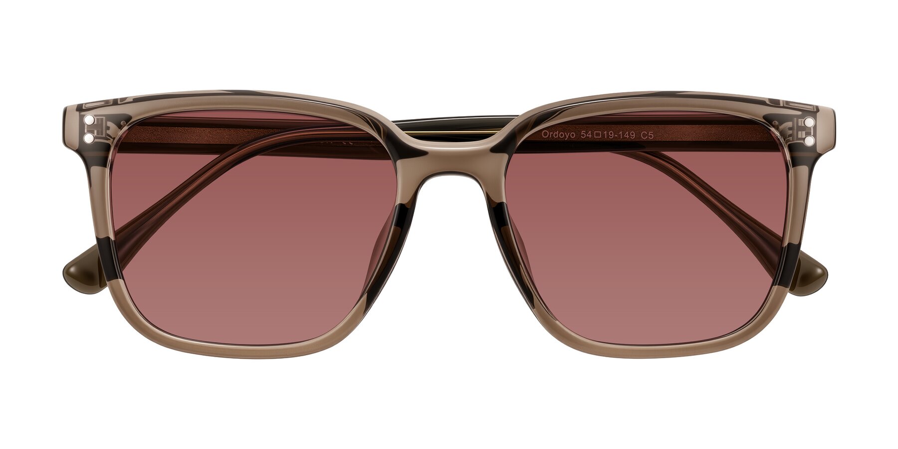 Folded Front of Ordoyo in Transparent Brown with Garnet Tinted Lenses