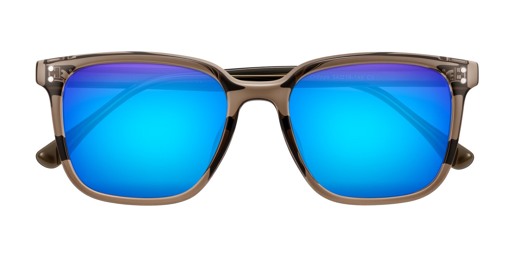 Folded Front of Ordoyo in Transparent Brown with Blue Mirrored Lenses