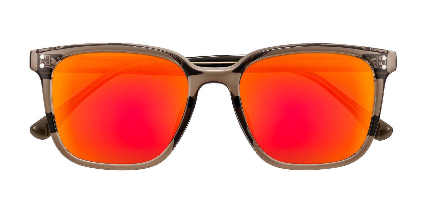 Folded Front of Ordoyo in Transparent Brown with Red Gold Mirrored Lenses