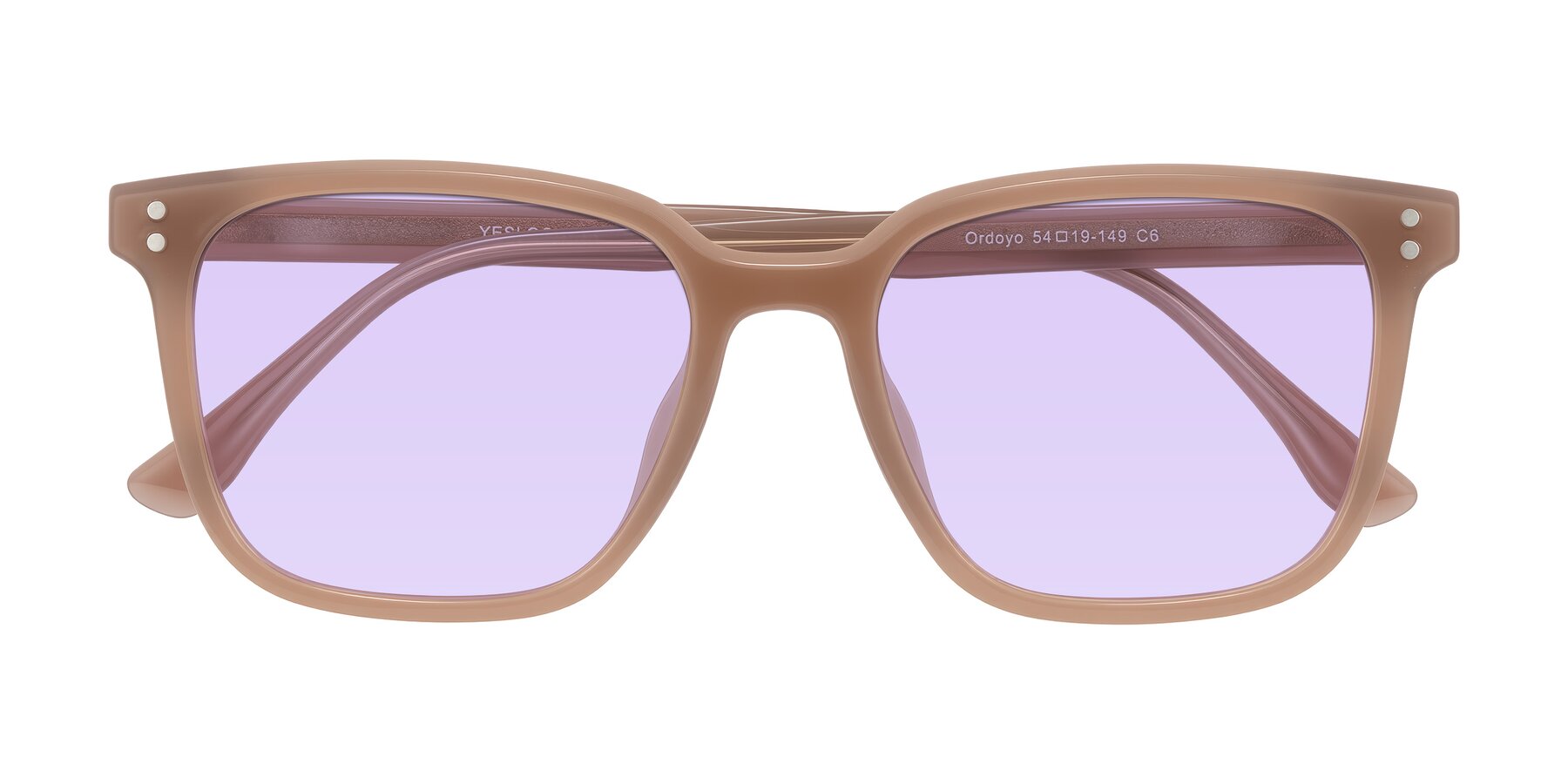 Folded Front of Ordoyo in Chestnut with Light Purple Tinted Lenses