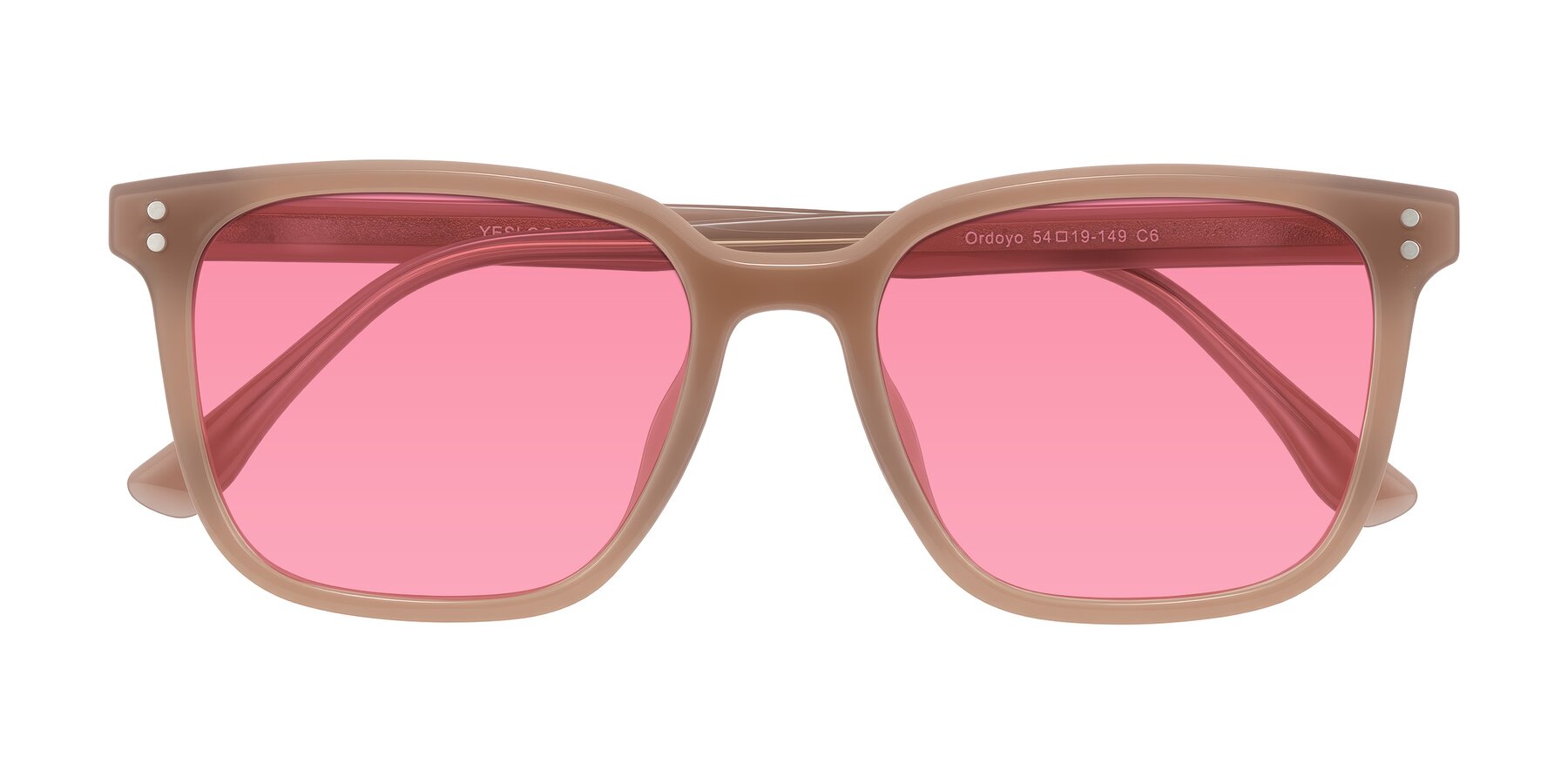 Folded Front of Ordoyo in Chestnut with Pink Tinted Lenses