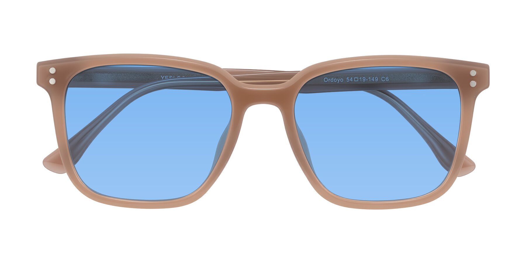Folded Front of Ordoyo in Chestnut with Medium Blue Tinted Lenses