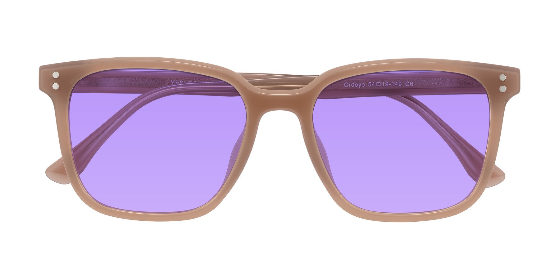 Folded Front of Ordoyo in Chestnut with Medium Purple Tinted Lenses