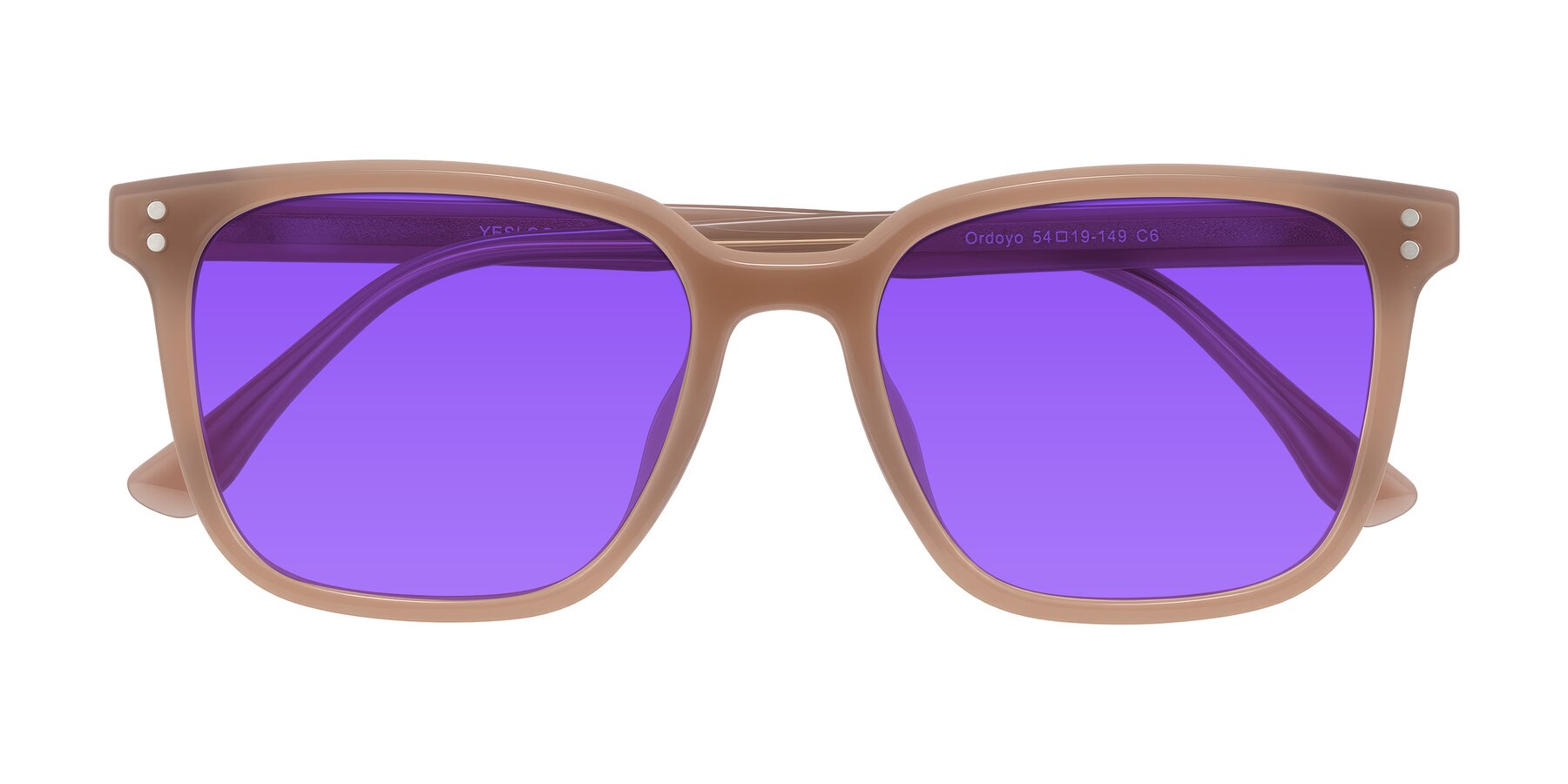 Folded Front of Ordoyo in Chestnut with Purple Tinted Lenses