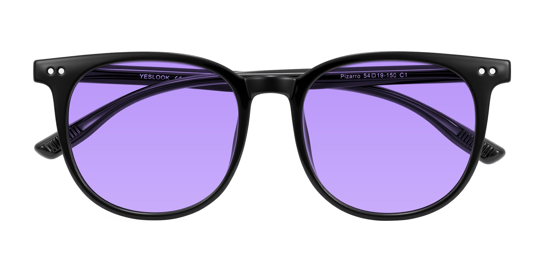 Folded Front of Pizarro in Black with Medium Purple Tinted Lenses