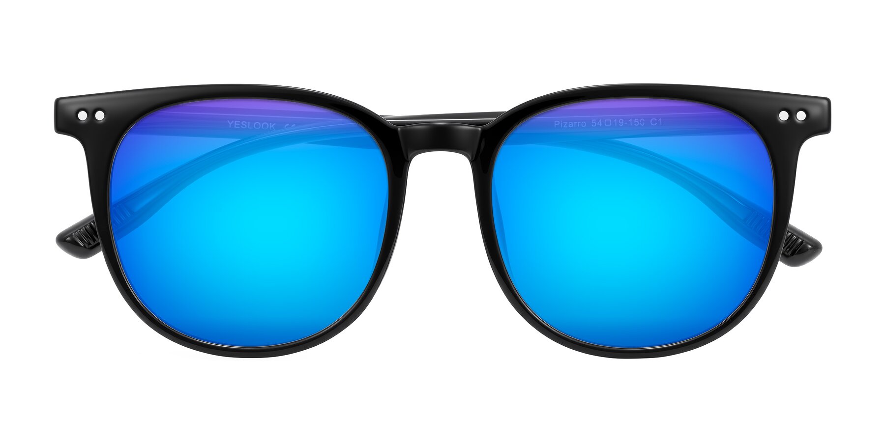 Folded Front of Pizarro in Black with Blue Mirrored Lenses