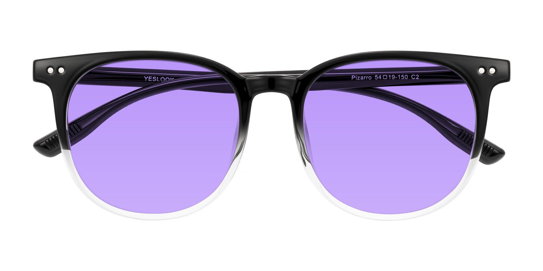 Folded Front of Pizarro in Gradient Black/Clear with Medium Purple Tinted Lenses