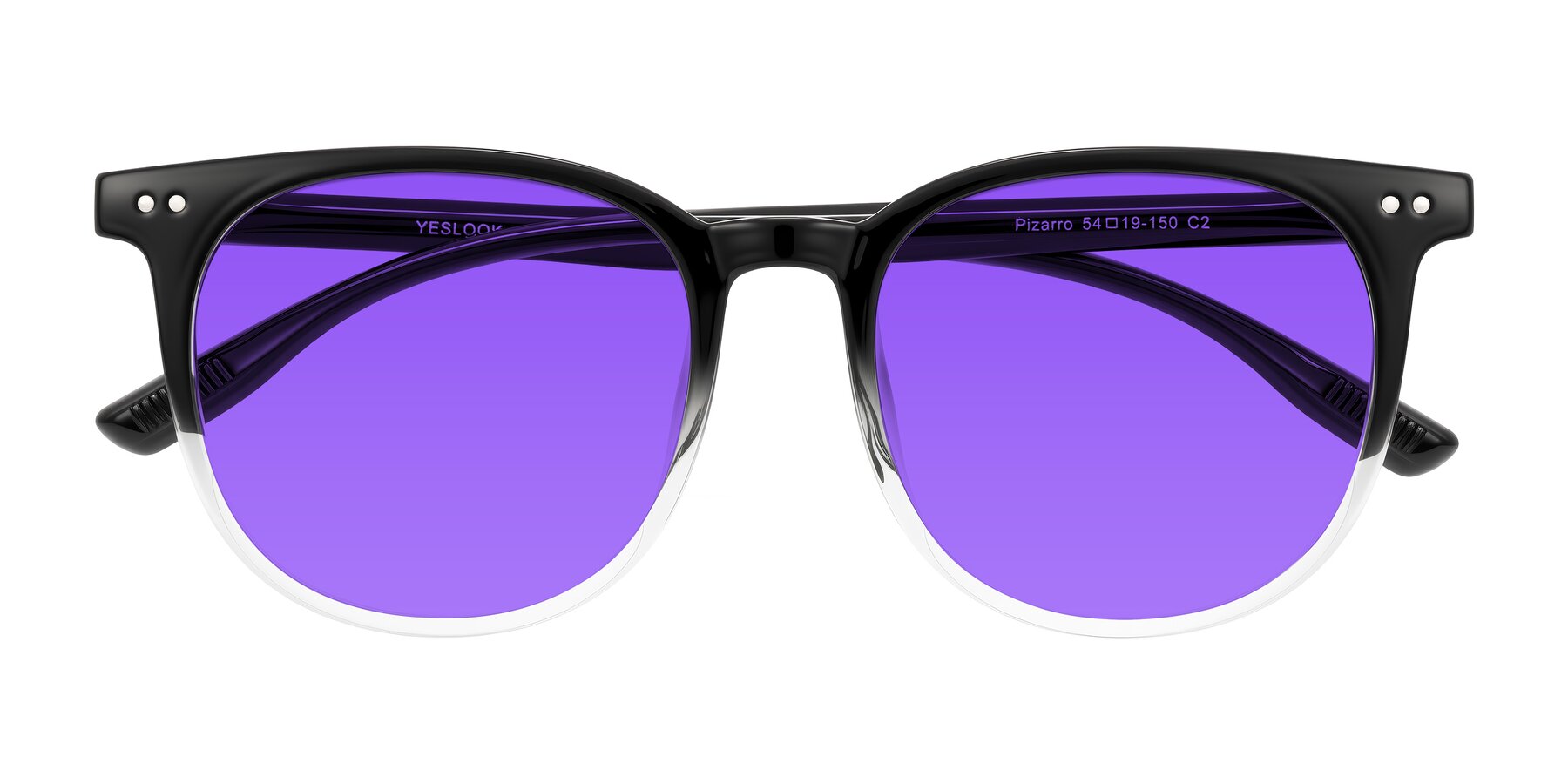 Folded Front of Pizarro in Gradient Black/Clear with Purple Tinted Lenses